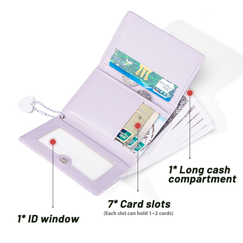 Sminra Womens Wallet Small Trifold Slim Leather Cute Wallet Cash Pocket with Heart chain Coin Purse ID Window Card Holder for Girls and Ladies (Purple) - Image 2